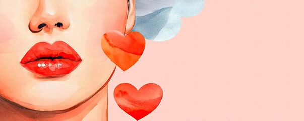 Aufkleber - Hearts watercolor idea. A vibrant illustration featuring flirtatious lips and heart motifs on a pastel background.