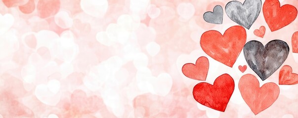 Aufkleber - Hearts watercolor idea. A beautiful watercolor design featuring red and gray hearts on a soft pink background.