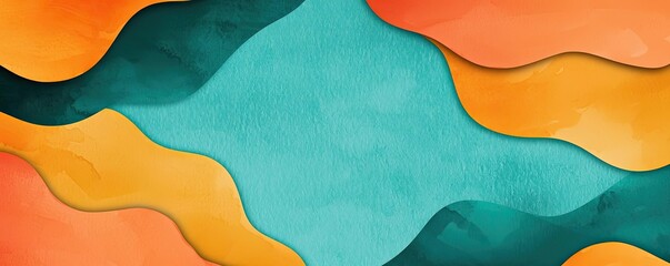 Poster - Geometric watercolor concept. Vibrant abstract background with flowing waves in orange, teal, and green shades.