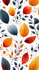 Wall Mural - Autumn leaves pattern. Red, orange, yellow, and blue leaves on white background.