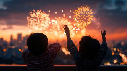 Wall Mural - Children celebrating with fireworks at sunset