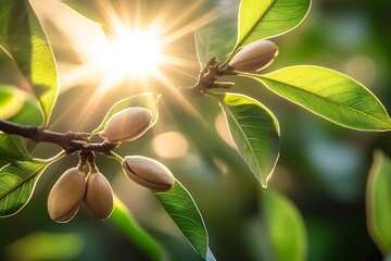 Aufkleber - Sunlit Garden Plant with Glossy Leaves and Clustered Pods in Nature : Generative AI