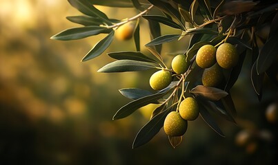 Poster - Sunlit Closeup of Green Olives on Tree Branch in Scenic Mediterranean Garden : Generative AI