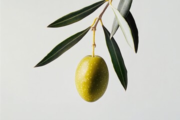 Poster - Solitary Green Olive on a Branch with Lush Leaves and a Soft Light Background : Generative AI