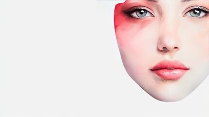 Poster - Minimalist watercolor idea. Artistic portrait of a woman with subtle makeup and expressive features on a white background.