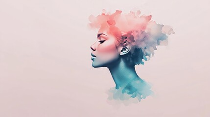 Aufkleber - Minimalist watercolor idea. A colorful portrait blending human features with artistic elements of nature.