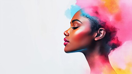 Aufkleber - Minimalist watercolor idea. A vibrant portrait showcasing beauty and self-expression through colorful hair.