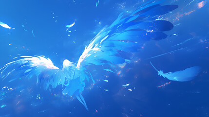 Wall Mural - ethereal blue wings of a mythical creature soaring through a cosmic landscape filled with light