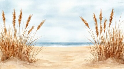 Poster - Neutral watercolor concept. A serene beach scene with golden grasses swaying gently by the calming sea.