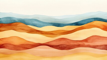 Aufkleber - Neutral watercolor concept. A serene watercolor landscape depicting layered hills in warm and cool tones.