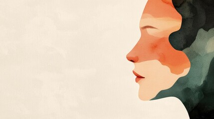 Poster - Minimalist watercolor idea. Abstract portrait of a woman in profile with soft colors and elegant design.
