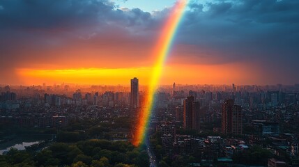 Canvas Print - Sunset rainbow over sprawling city skyline.