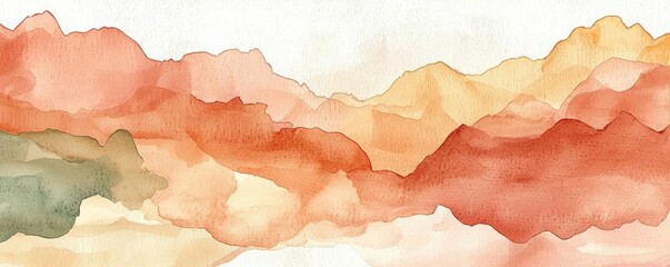 Poster - Neutral watercolor concept. Soft, colorful abstract landscape with flowing mountains in warm hues and gentle gradients.