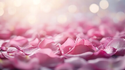 a gentle array of pink rose petals drifting softly through a serene light-filled background creating