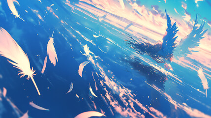 Wall Mural - a serene landscape depicting a mystical ocean with feathers floating and a shadowy figure beneath wa