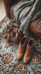 Poster - A chic setup displays brown leather ankle boots beside a textured handbag and a warm sweater draped nearby, all placed on an ornate rug, capturing a trendy autumn vibe