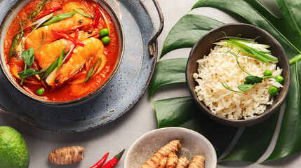 Wall Mural - Red curry with chicken in bowl on light gray background.