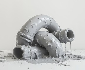 Fototapete - Melted grey pipes knotted together on white background.