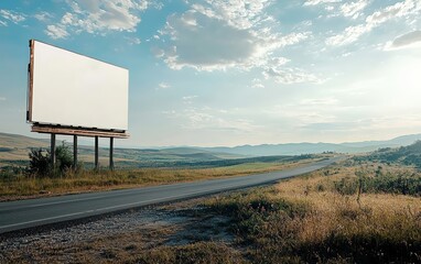 A large roadside billboard mockup in a rural area, with an empty space for text, overlooking open fields and rolling hills