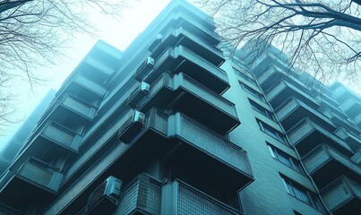 Wall Mural - Foggy apartment building, balconies, winter branches.