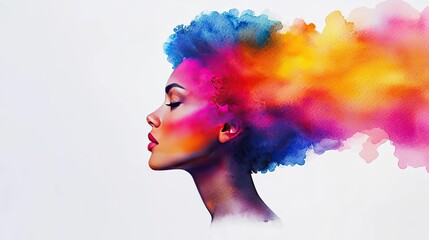Poster - Minimalist watercolor idea. A vibrant portrait of a woman with colorful hair representing creativity and individuality.