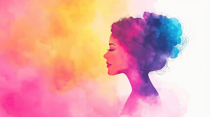 Aufkleber - Playful watercolor concept. A vibrant watercolor illustration of a woman's silhouette amidst colorful splashes.