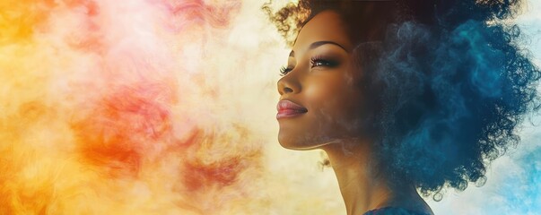 Poster - Playful watercolor concept. A serene close-up portrait of a woman surrounded by colorful smoke.