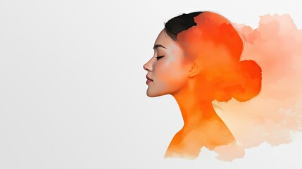 Aufkleber - Neutral watercolor concept. A serene profile of a woman blended with vibrant orange watercolor effects.