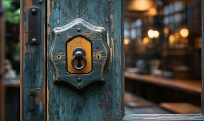 Wall Mural - Ornate door handle, weathered wood, blurred background.