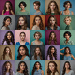 © lorav - Diverse Photo Collage of Studio Portraits Featuring Women from Different Ethnic Backgrounds with Unique Expressions and Vibrant Colorful Backgrounds for Creative Use
