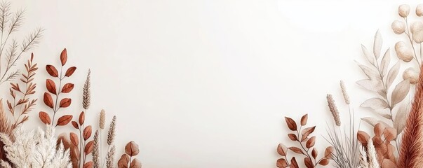 Poster - Neutral watercolor concept. Aesthetic background featuring a variety of elegant, dried leaves and grasses.