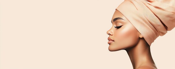 Poster - Minimalist watercolor idea. Elegant portrait of a woman wearing a stylish headwrap, showcasing beauty and confidence.