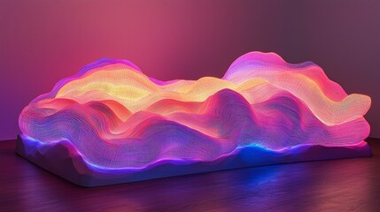 Poster - In a mesmerizing display, radiant neon waves undulate in vibrant colors, creating a dreamlike ambience within a contemporary art space. This luminous artwork invites awe and reflection