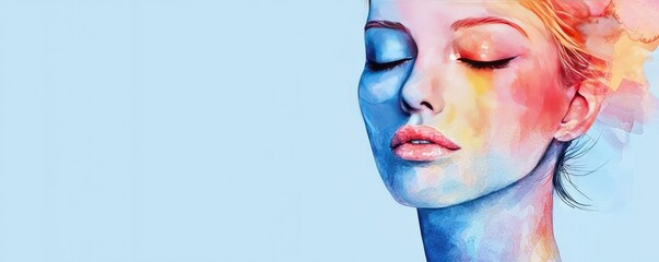 Aufkleber - Minimalist watercolor idea. A vibrant abstract portrait of a serene woman with colorful artistic details.
