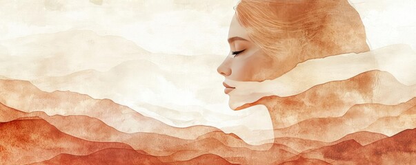 Poster - Neutral watercolor concept. Abstract illustration reflecting inner peace with serene woman and mountain landscape.