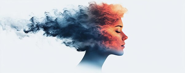 Poster - Minimalist watercolor idea. A surreal portrait of a woman with colorful smoke flowing from her head, symbolizing creativity.