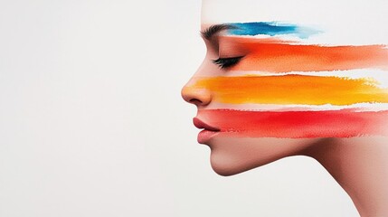 Aufkleber - Minimalist watercolor idea. A creative portrait with vibrant colors painted across a woman's face, showcasing art.