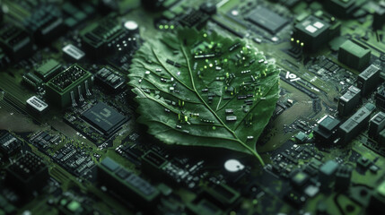 Poster - Green leaf with computer and motherboard elements for technology concept. Jpeg version also available in gallery