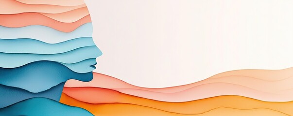 Poster - Minimalist watercolor idea. Abstract illustration of a profile with flowing layers representing thoughts and emotions.