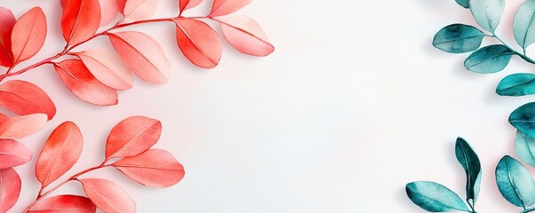 Poster - Minimalist watercolor idea. Vibrant leaves in shades of coral and teal frame a blank space for creative design.
