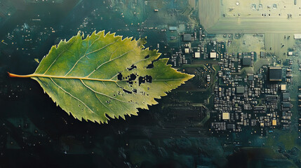 Poster - Green leaf with computer and motherboard elements for technology concept. Jpeg version also available in gallery