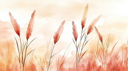 Aufkleber - Neutral watercolor concept. A beautiful watercolor depiction of graceful grass reeds in warm tones.