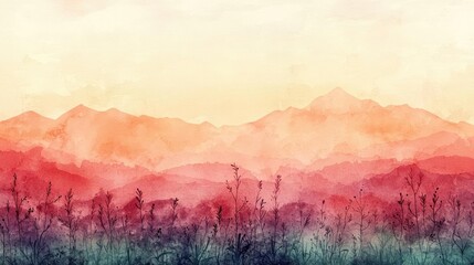 Poster - Neutral watercolor concept. A tranquil watercolor landscape featuring serene mountains and soft color gradients.