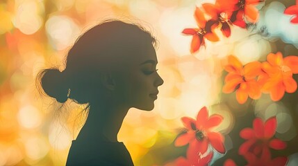 Poster - Neutral watercolor concept. A serene silhouette of a woman against a backdrop of vibrant autumn leaves.