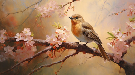 Naklejka na meble Delicate Bird Amidst Blooming Cherry Blossoms