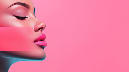 Poster - Minimalist watercolor idea. Stylish profile portrait of a woman against a vibrant pink background.