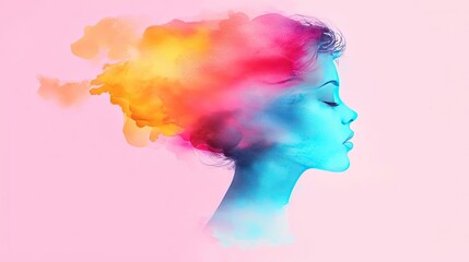 Poster - Minimalist watercolor idea. A colorful representation of imagination and creativity flowing from a woman's mind.