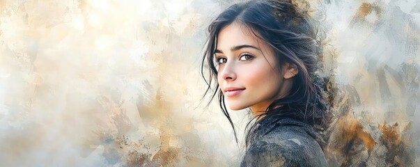 Aufkleber - Neutral watercolor concept. Portrait of a young woman with a serene expression against a soft, dreamy background.
