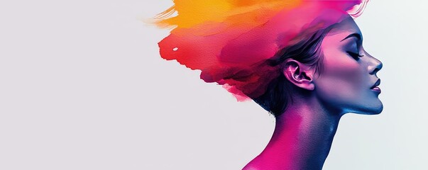Poster - Minimalist watercolor idea. Vibrant profile of a woman with colorful hair representing creativity and expression.