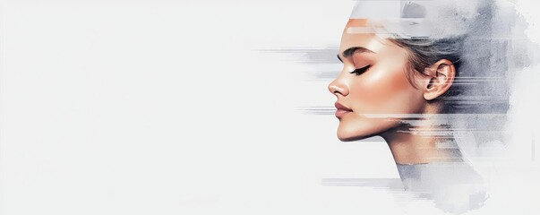 Poster - Minimalist watercolor idea. A creative portrait of a woman with artistic digital effects, showcasing beauty and emotion.